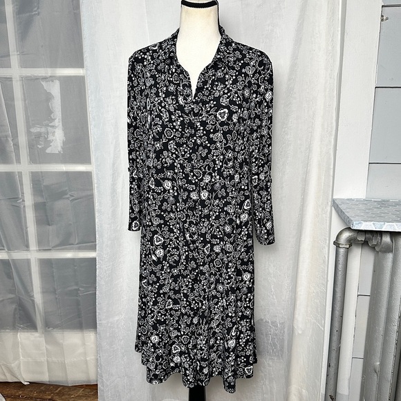 Harlow & Rose Floral Paisley Black & White Collared Flowy Maxi Dress Teacher - Picture 1 of 17